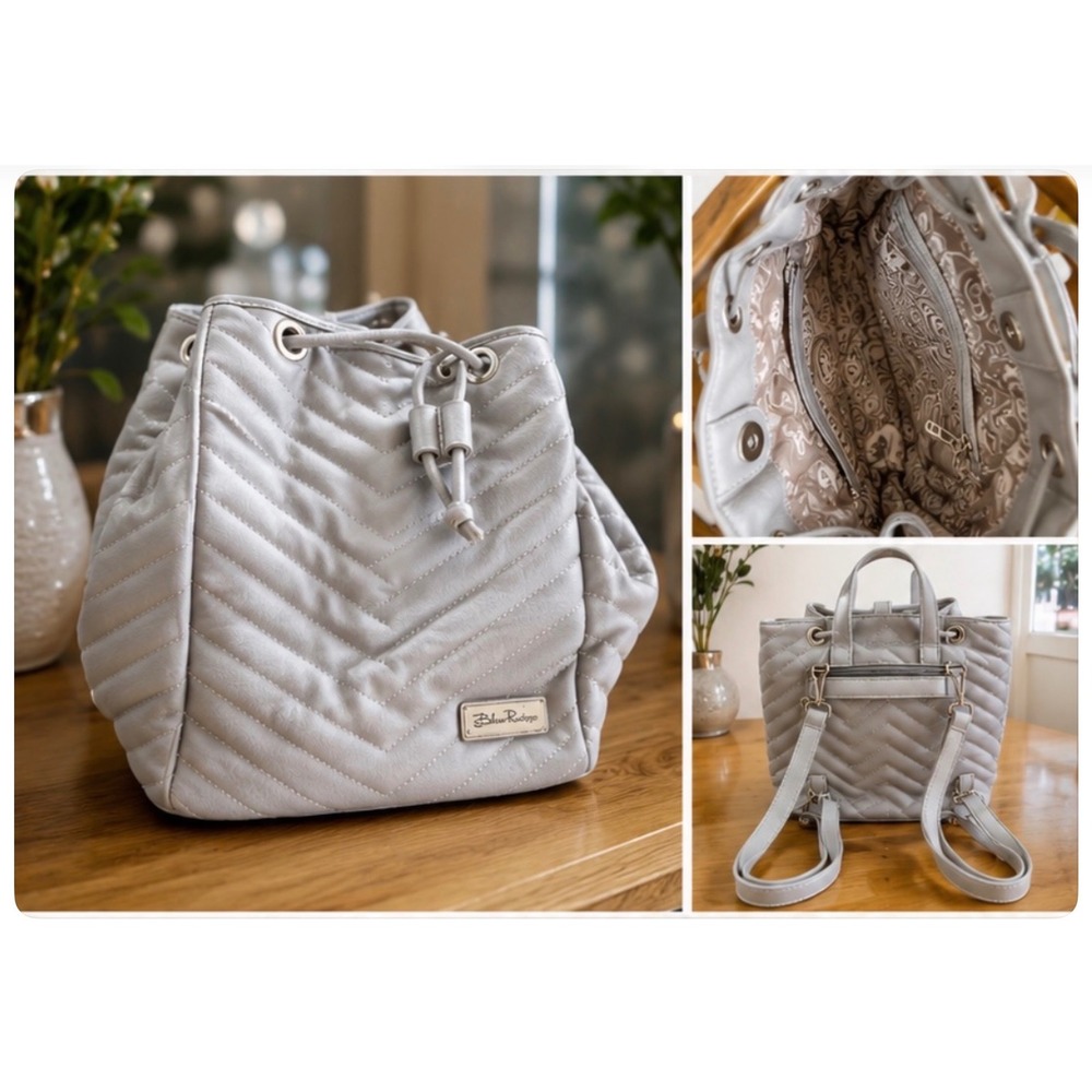 Bella Russo Gray Chevron Quilted Faux Leather Backpack Purse Drawstring